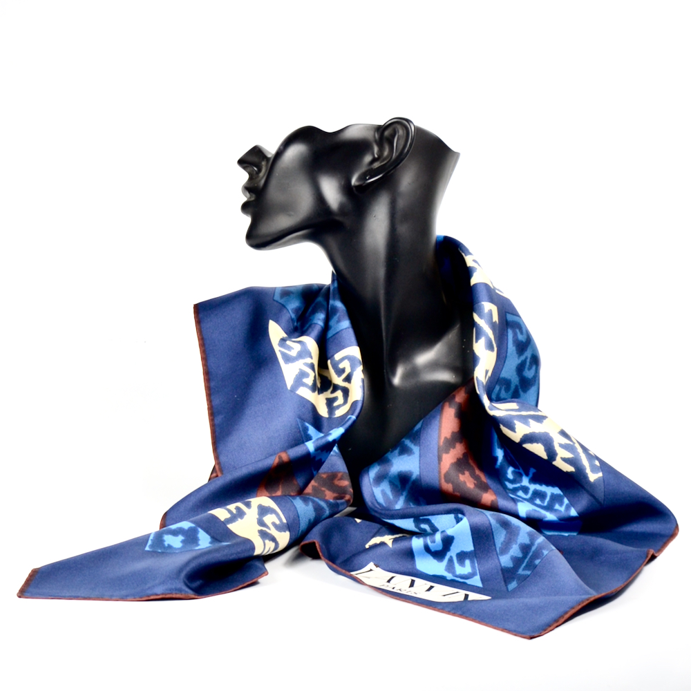 Lanvin silk scarf in navy blue and brown, ethnic design - Divine Style ...