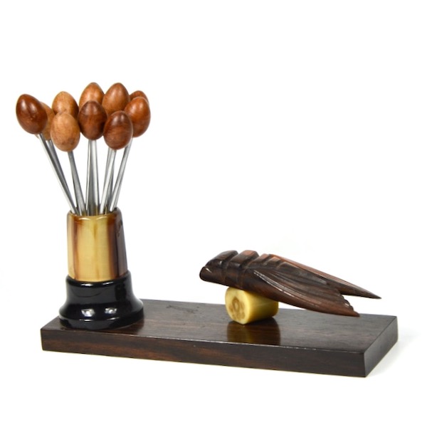 Art Deco cocktail stick set with macassar wood base, carved cicada and holder in bakelite and horn, 1930s 2