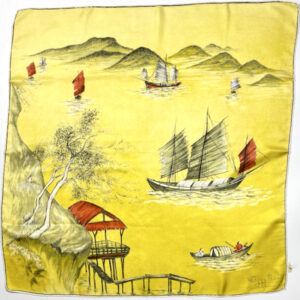 maggy rouff silk scarf vintage designer silk scarf 1950s yelllow chinese junks