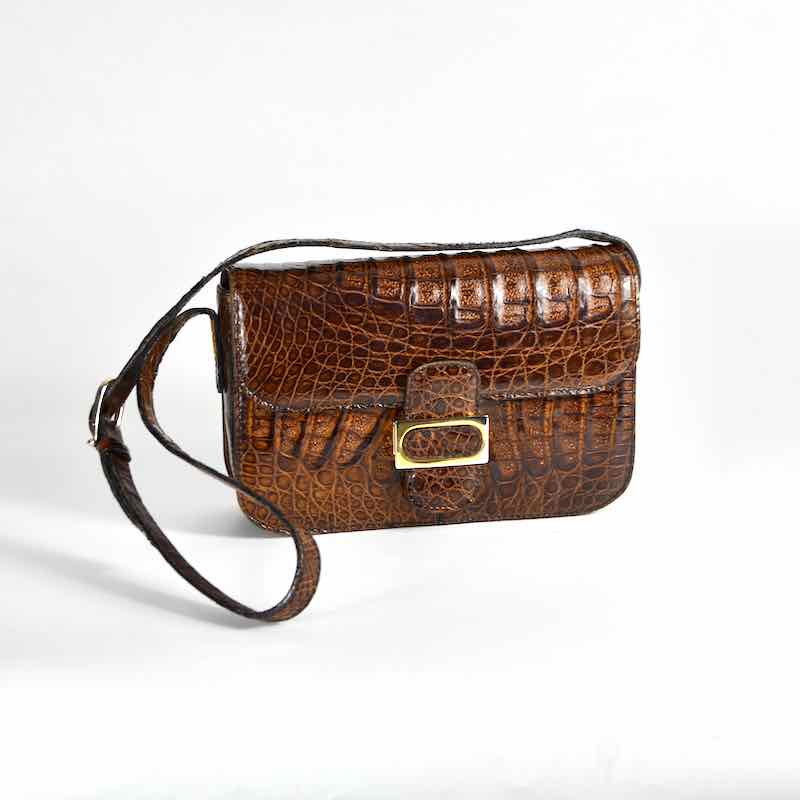 Rectangular cognac crocodile skin shoulder bag – Vintage Carwen