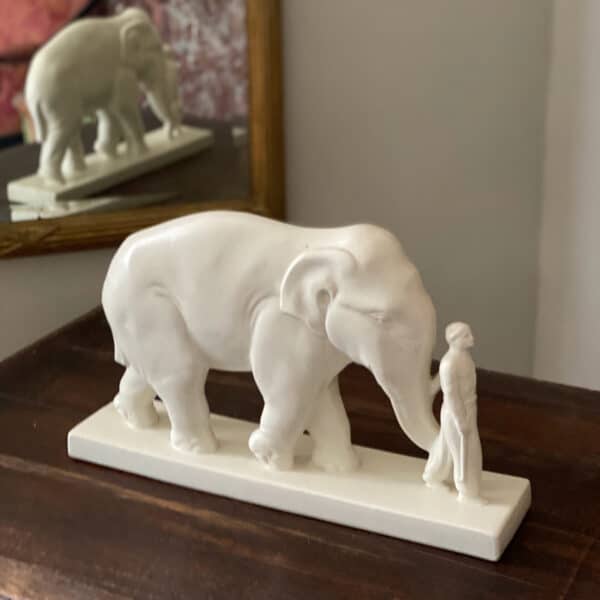 Art Deco craquelé figure of elephant with mahout by STEF (1) French ceramic sculpture 1930