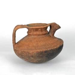 Beautiful antique terracotta jug from Asia Minor dating from the 18th or 19th century. Traditional form with round bottom, narrow spout and wide handle, believed to be used for oil. The body of the jug is heavily decorated with embossed circles and geometric notched motifs. Measures 6.5 inches x 8.5 inches  / 17cm x 21.5cm. Antique terracotta jug from Asia Minor, 18th or 19th century, tribal art, primitive decor (9)