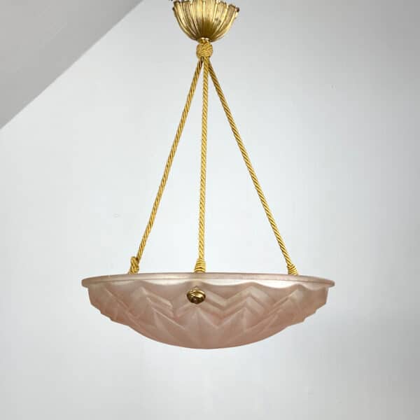 French Art Deco Degué light, signed 1930s chandelier in pink frosted glass, ceiling light for period home (1)