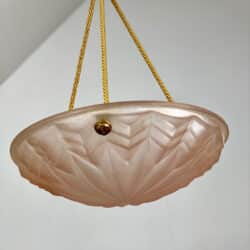 French Art Deco Degué light, signed 1930s chandelier in pink frosted glass, ceiling light for period home (2)
