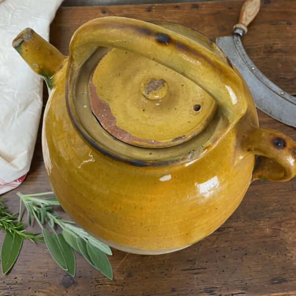 Large Antique Provencal confit pot with ochre glaze and green drips, Large French farmhouse pottery jar in yellow glaze, rustic decor 1