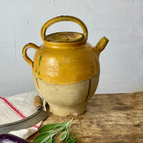 Large Antique Provencal confit pot with ochre glaze and green drips, Large French farmhouse pottery jar in yellow glaze, rustic decor