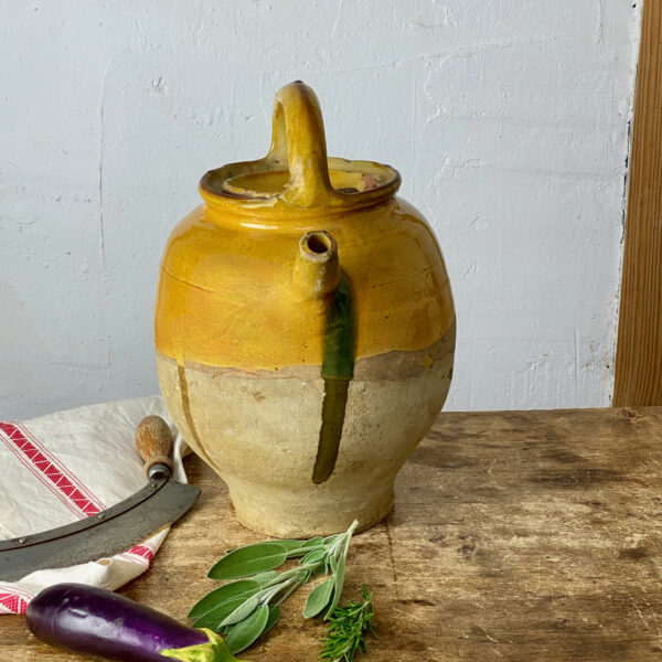 Large Antique Provencal confit pot with ochre glaze and green drips, Large French farmhouse pottery jar in yellow glaze, rustic decor 2