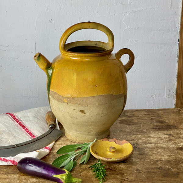 Large Antique Provencal confit pot with ochre glaze and green drips, Large French farmhouse pottery jar in yellow glaze, rustic decor 3