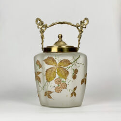 Art Nouveau biscuit barrel in enamelled glass and brass 3