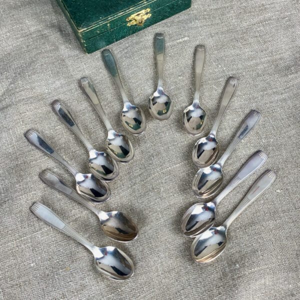 6 Christofle mocha spoons Saigon Luc Lanel, Art deco silver plate, boxed set 1