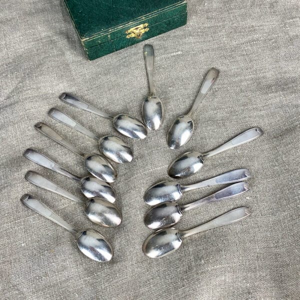 6 Christofle mocha spoons Saigon Luc Lanel, Art deco silver plate, boxed set 3