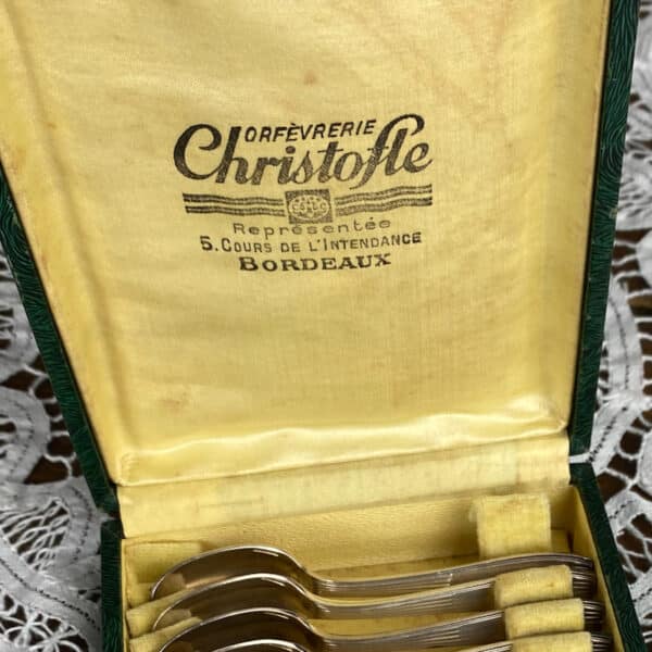 6 Christofle mocha spoons Saigon Luc Lanel, Art deco silver plate, boxed set 4