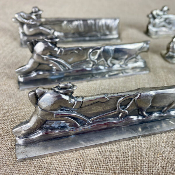 Set of 6 French art deco knife rests in chrome plate, hunting, fishing, country sports c1930