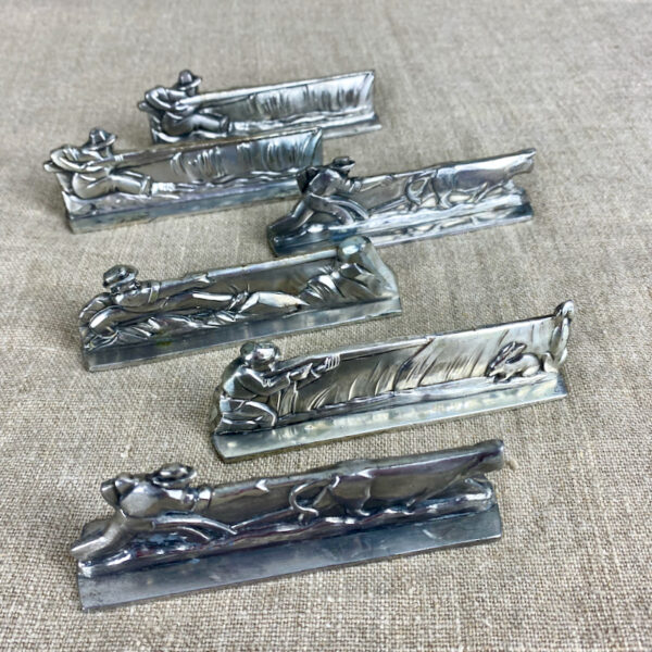 Set of 6 French art deco knife rests in chrome plate, hunting, fishing, country sports c1930 1