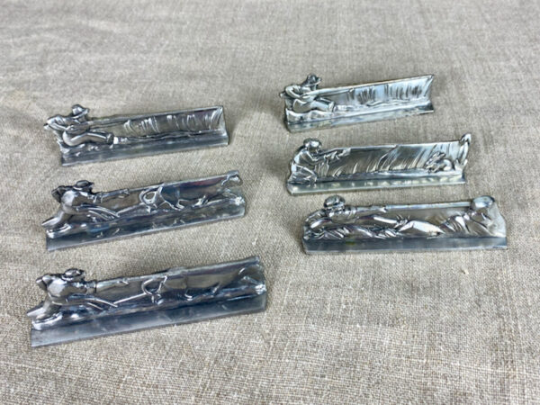 Set of 6 French art deco knife rests in chrome plate, hunting, fishing, country sports c1930 5