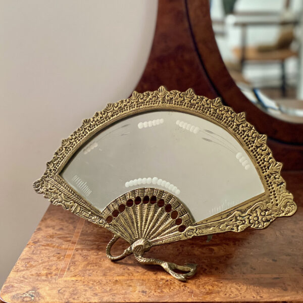 Antique Bronze Fan Mirror with etched detail, Vintage French table mirror