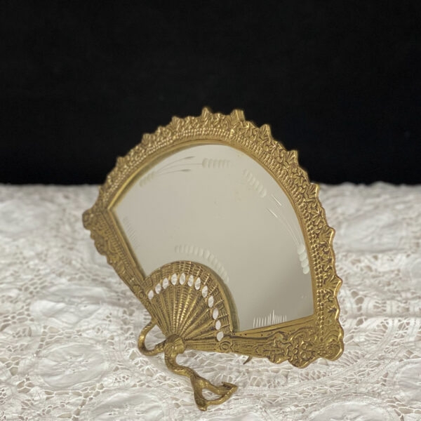 Antique Bronze Fan Mirror with etched detail, Vintage French table mirror b