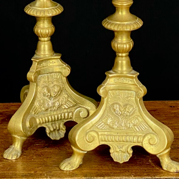 French Antique church altar candle sticks, pair of bronze pique cierges