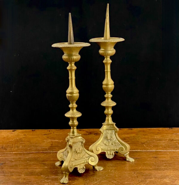 French Antique church altar candle sticks, pair of bronze pique cierges