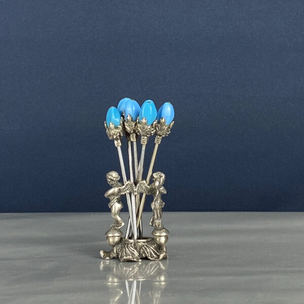 Antique cocktail stick set with cherubs, 1920s cupid martini picks in pewter and glass, vintage French barware a